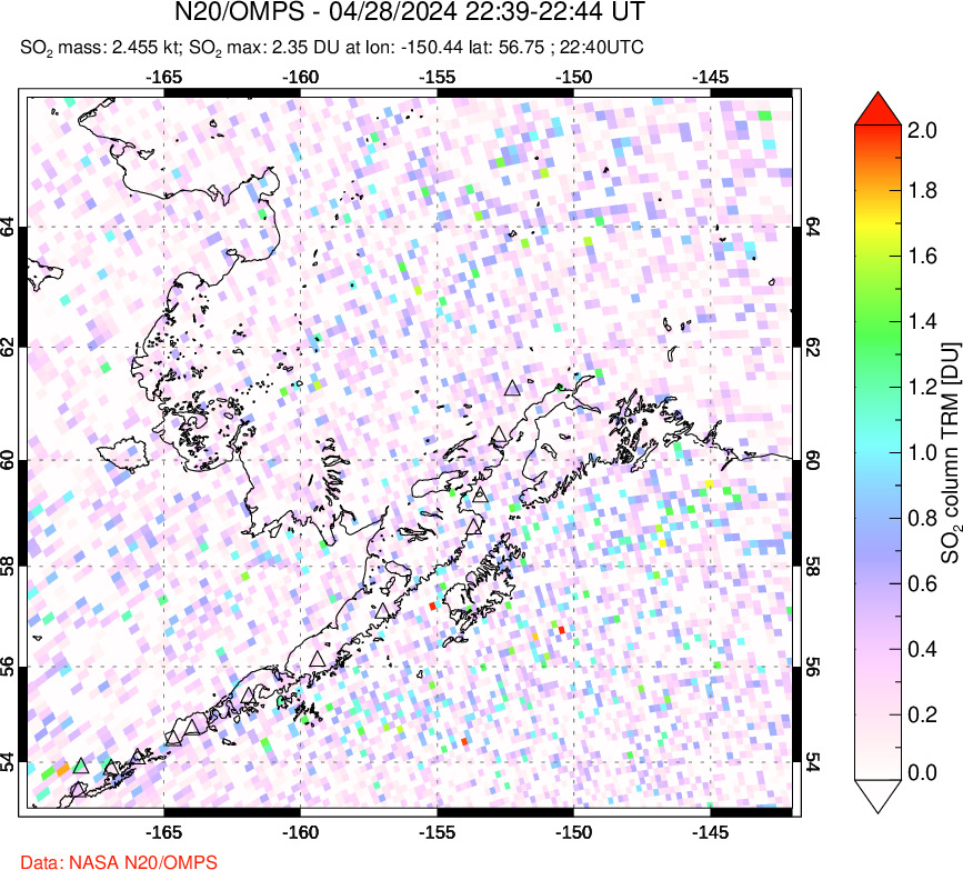 A sulfur dioxide image over Alaska, USA on Apr 28, 2024.