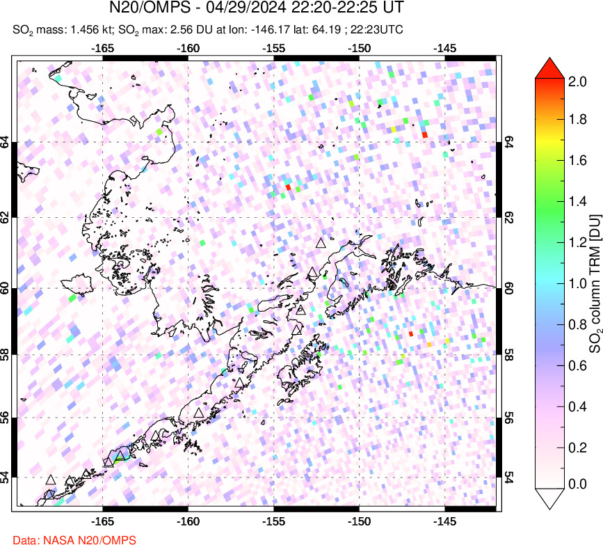 A sulfur dioxide image over Alaska, USA on Apr 29, 2024.