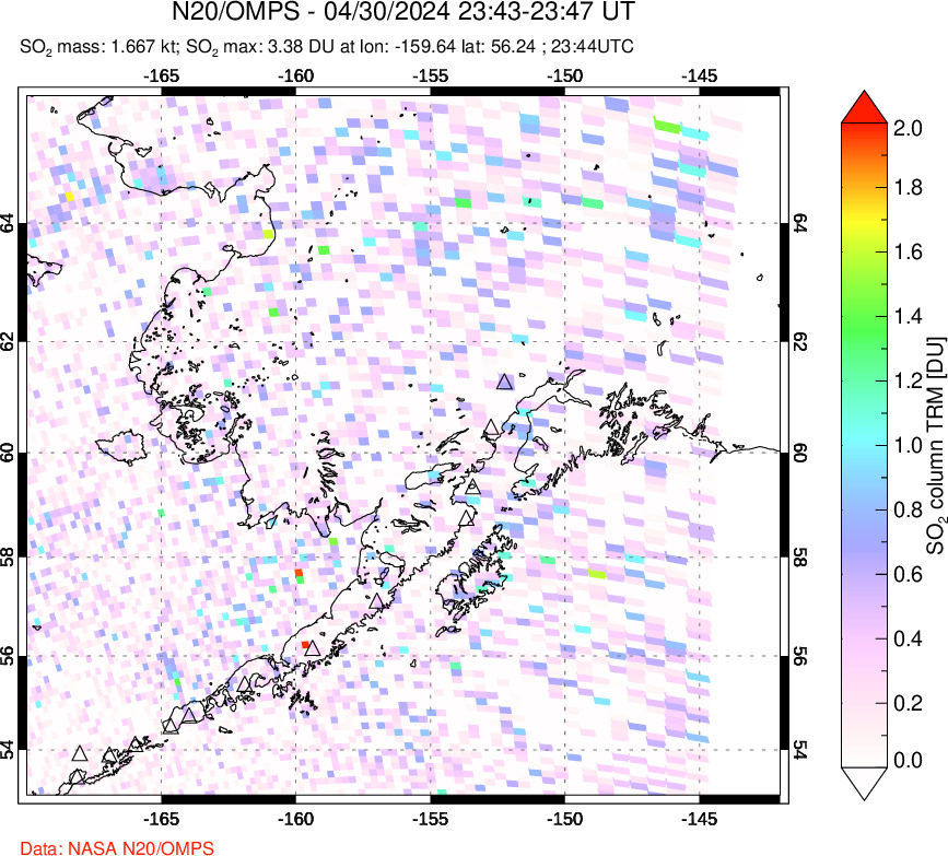 A sulfur dioxide image over Alaska, USA on Apr 30, 2024.