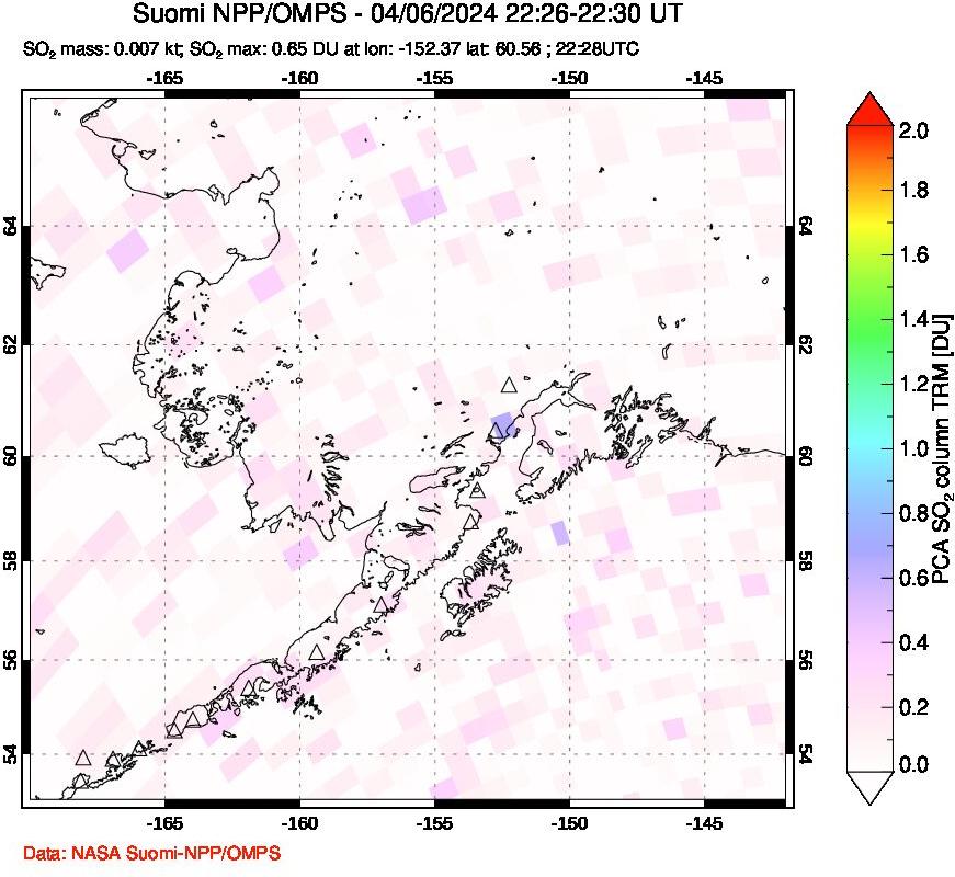 A sulfur dioxide image over Alaska, USA on Apr 06, 2024.