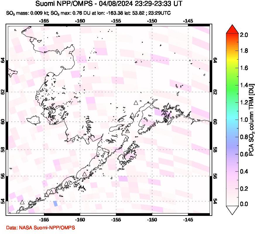 A sulfur dioxide image over Alaska, USA on Apr 08, 2024.