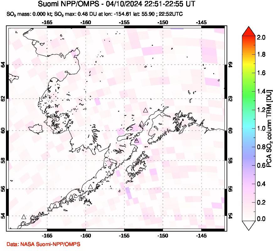 A sulfur dioxide image over Alaska, USA on Apr 10, 2024.