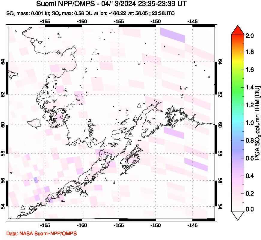 A sulfur dioxide image over Alaska, USA on Apr 13, 2024.