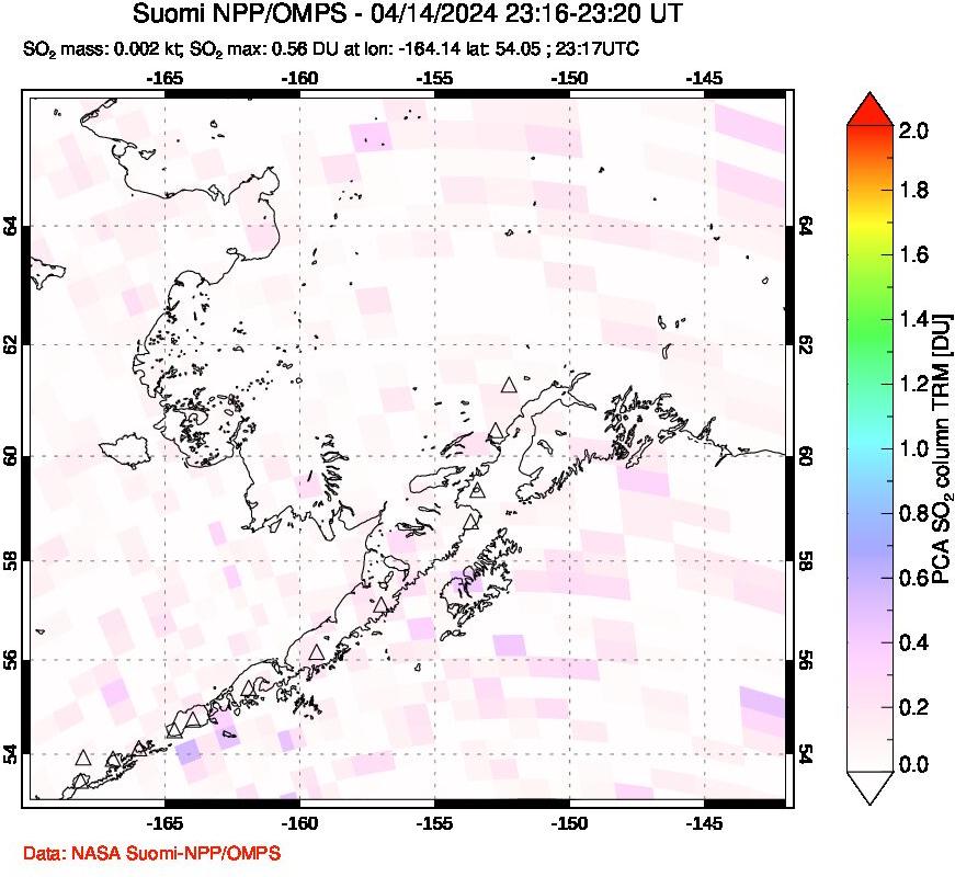 A sulfur dioxide image over Alaska, USA on Apr 14, 2024.