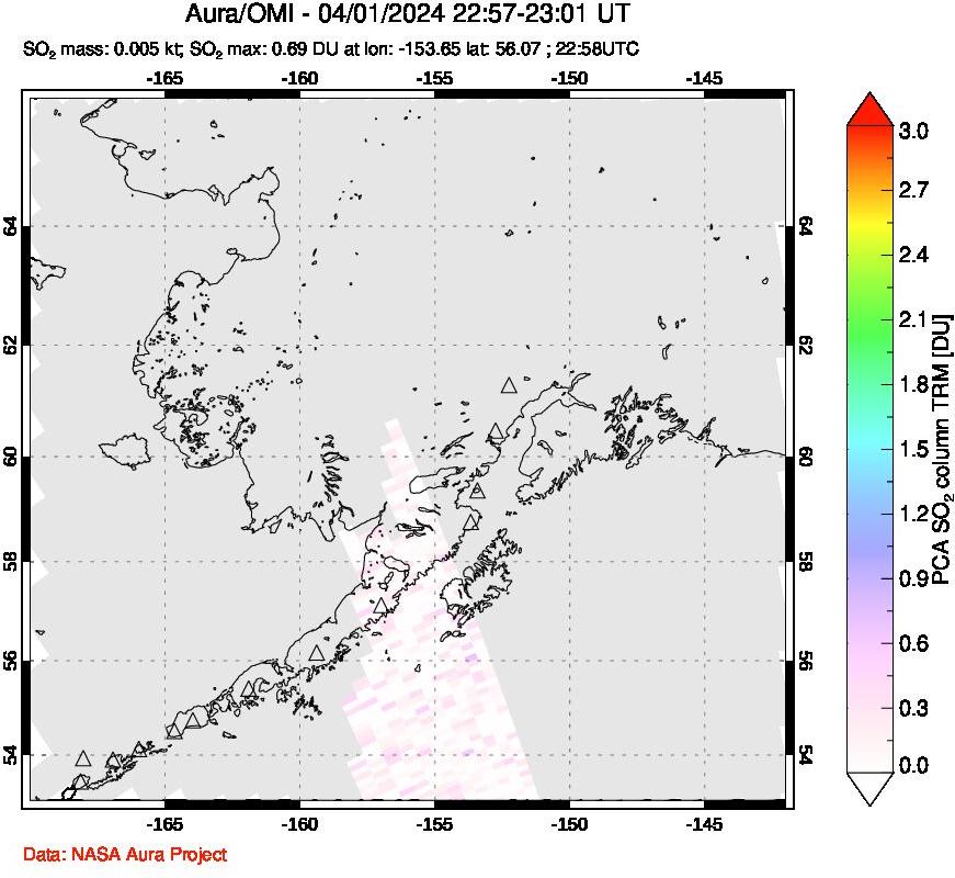 A sulfur dioxide image over Alaska, USA on Apr 01, 2024.