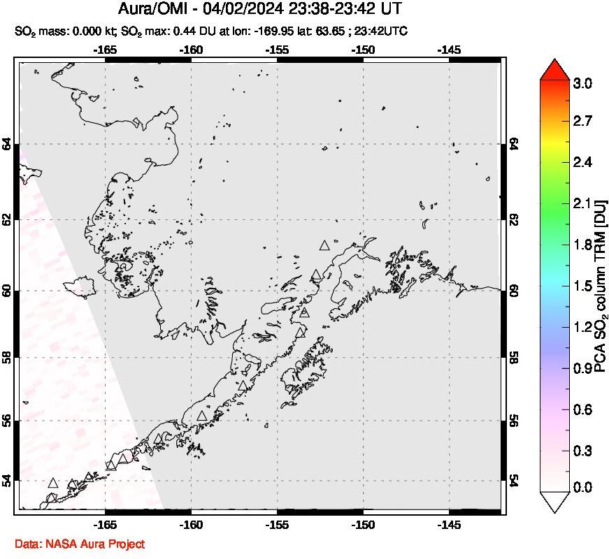 A sulfur dioxide image over Alaska, USA on Apr 02, 2024.