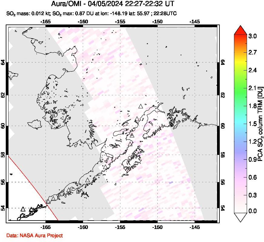 A sulfur dioxide image over Alaska, USA on Apr 05, 2024.