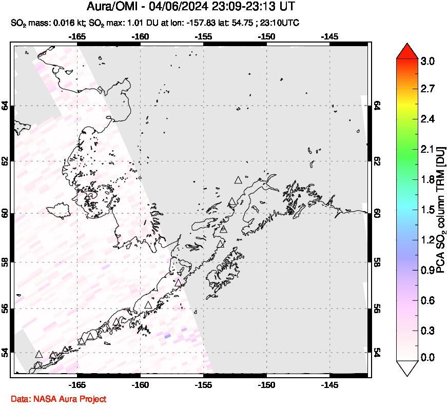 A sulfur dioxide image over Alaska, USA on Apr 06, 2024.