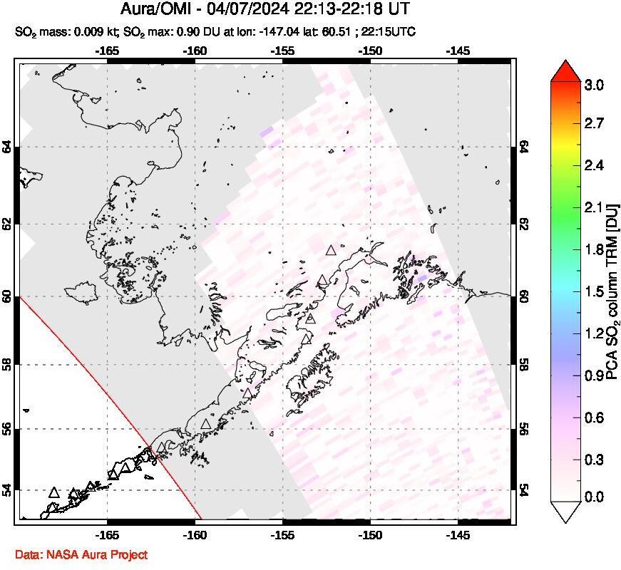 A sulfur dioxide image over Alaska, USA on Apr 07, 2024.