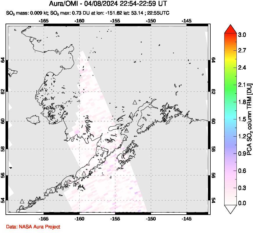 A sulfur dioxide image over Alaska, USA on Apr 08, 2024.