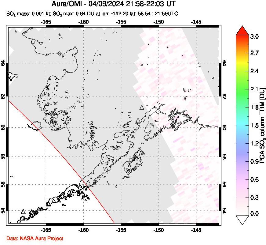 A sulfur dioxide image over Alaska, USA on Apr 09, 2024.