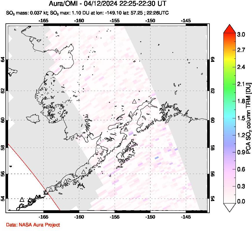 A sulfur dioxide image over Alaska, USA on Apr 12, 2024.