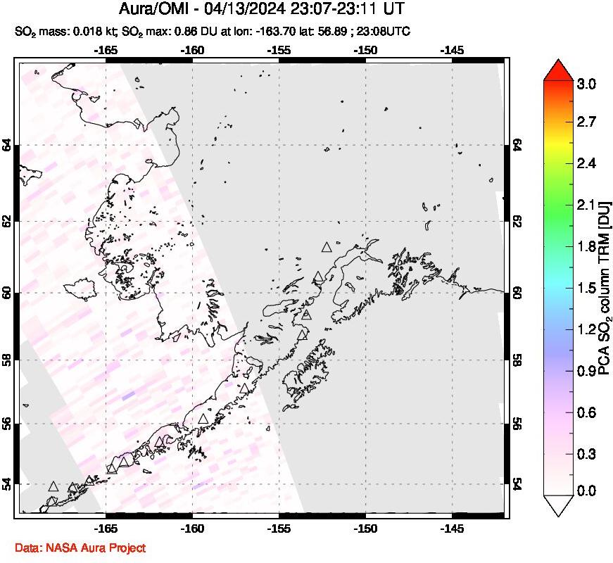 A sulfur dioxide image over Alaska, USA on Apr 13, 2024.