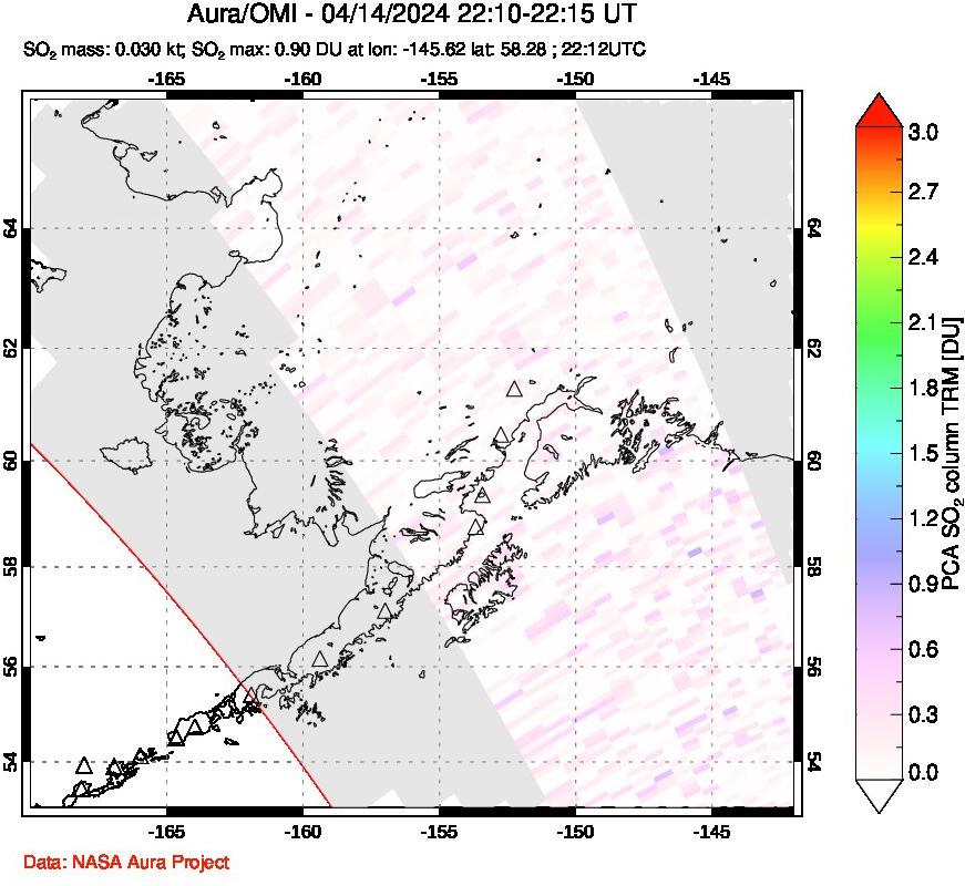 A sulfur dioxide image over Alaska, USA on Apr 14, 2024.