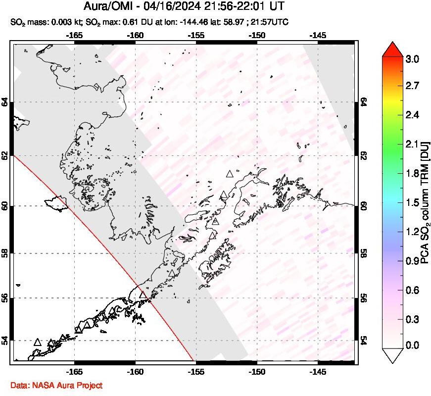 A sulfur dioxide image over Alaska, USA on Apr 16, 2024.