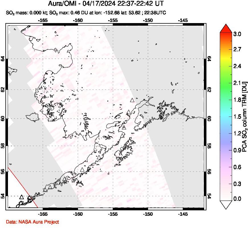 A sulfur dioxide image over Alaska, USA on Apr 17, 2024.