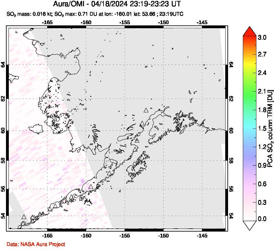 A sulfur dioxide image over Alaska, USA on Apr 18, 2024.