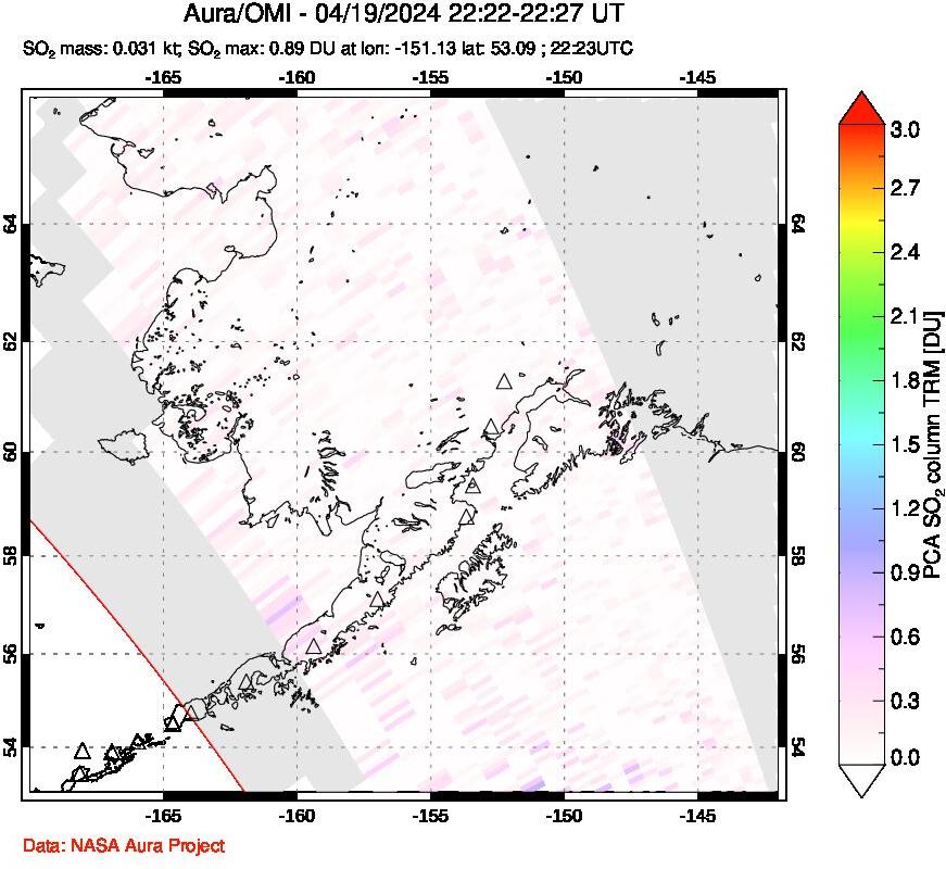 A sulfur dioxide image over Alaska, USA on Apr 19, 2024.