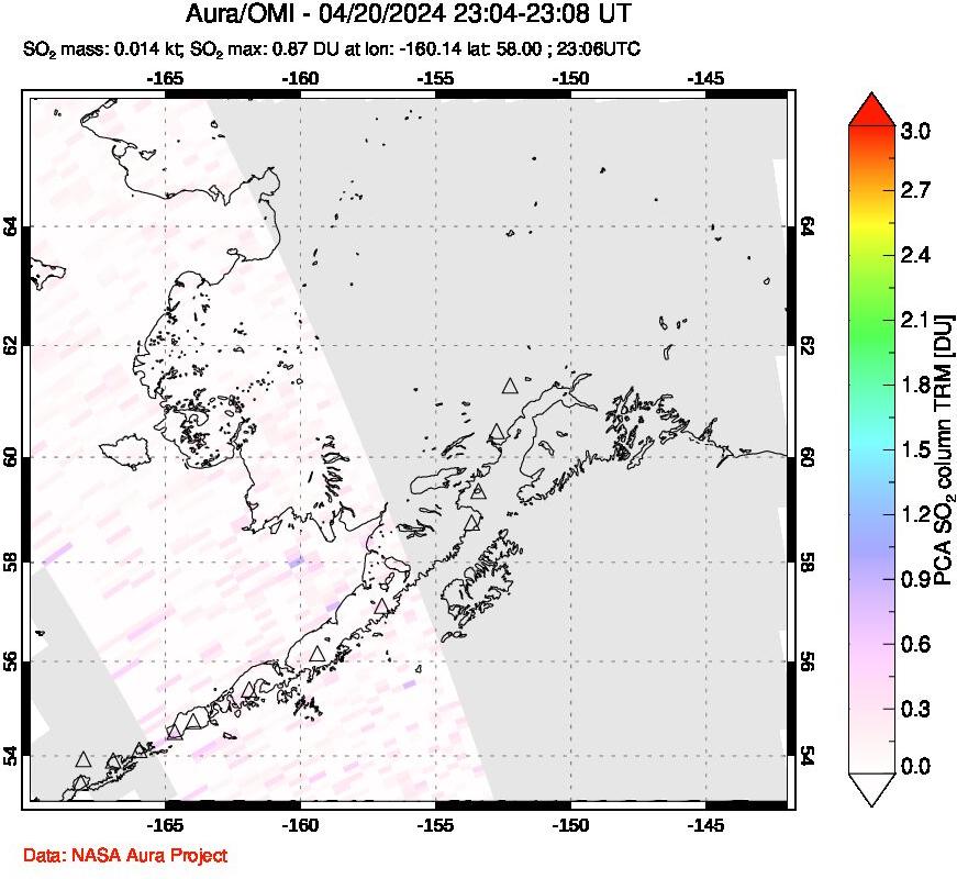 A sulfur dioxide image over Alaska, USA on Apr 20, 2024.