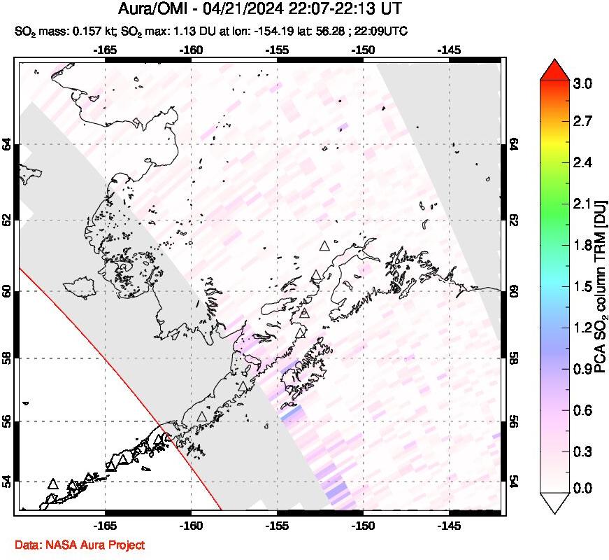 A sulfur dioxide image over Alaska, USA on Apr 21, 2024.