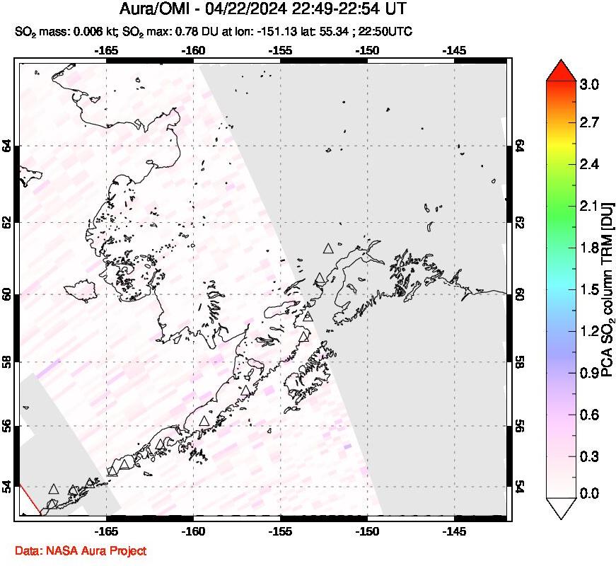 A sulfur dioxide image over Alaska, USA on Apr 22, 2024.