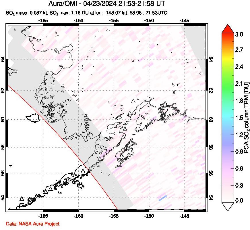 A sulfur dioxide image over Alaska, USA on Apr 23, 2024.