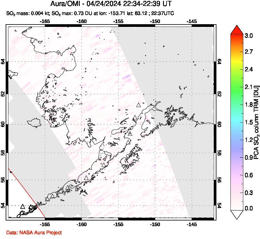 A sulfur dioxide image over Alaska, USA on Apr 24, 2024.