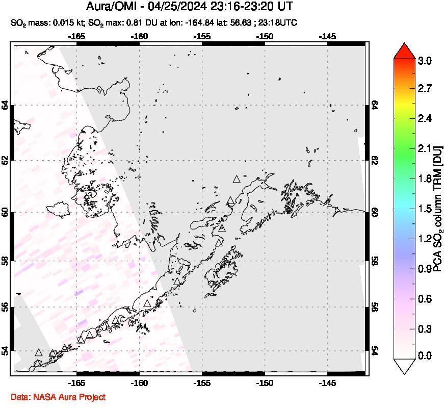 A sulfur dioxide image over Alaska, USA on Apr 25, 2024.