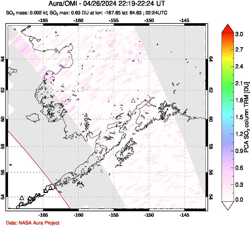 A sulfur dioxide image over Alaska, USA on Apr 26, 2024.