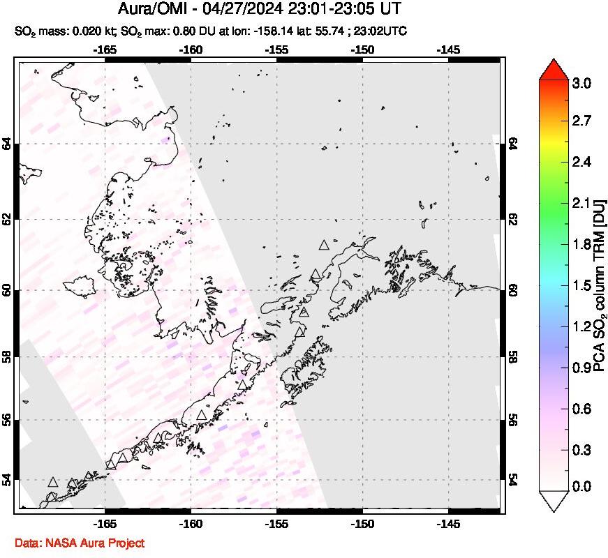 A sulfur dioxide image over Alaska, USA on Apr 27, 2024.