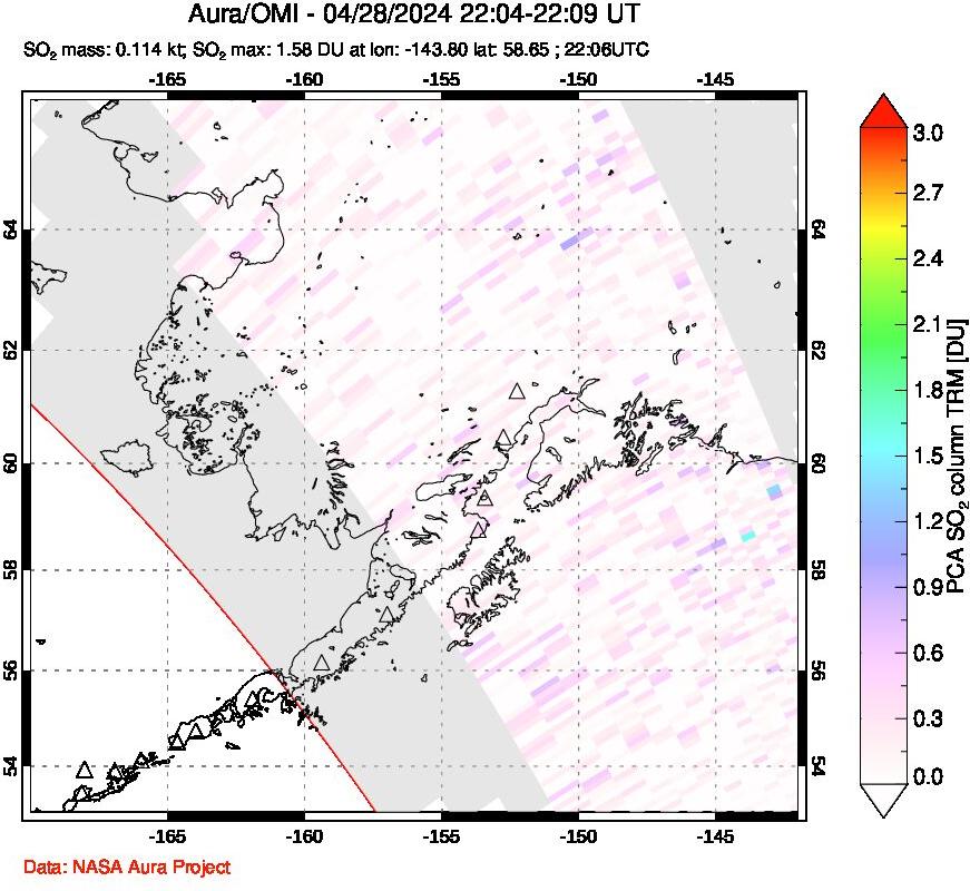 A sulfur dioxide image over Alaska, USA on Apr 28, 2024.