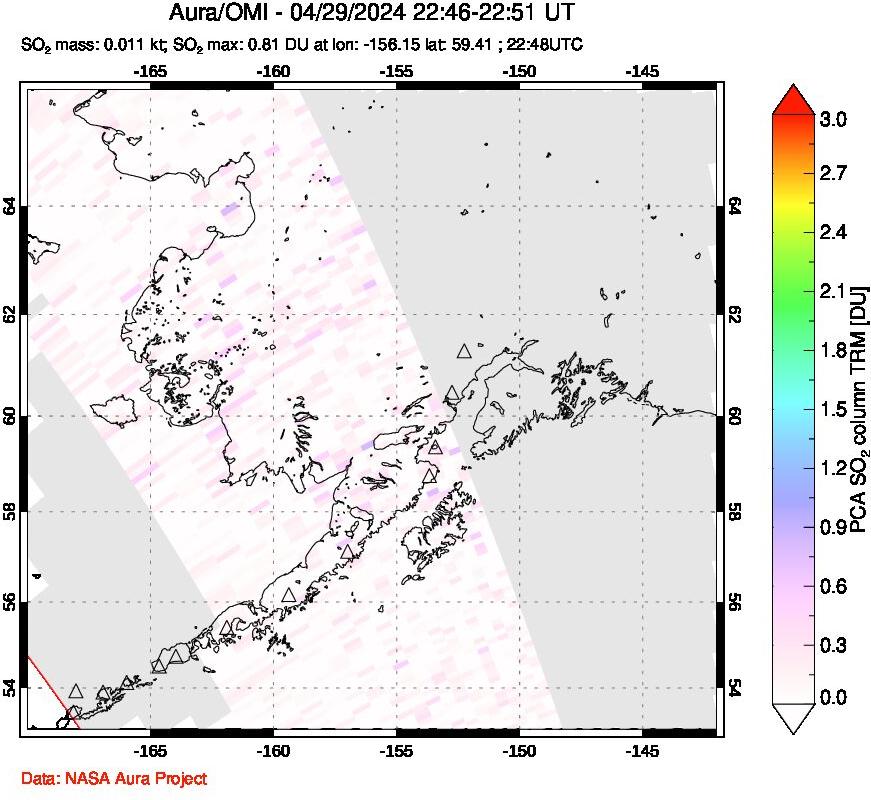 A sulfur dioxide image over Alaska, USA on Apr 29, 2024.