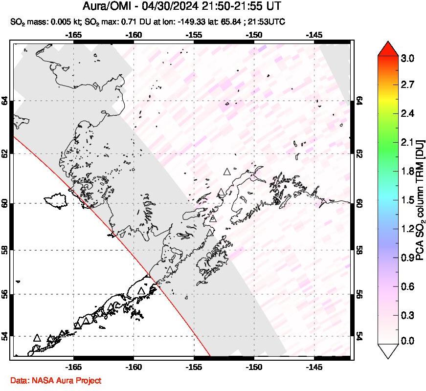 A sulfur dioxide image over Alaska, USA on Apr 30, 2024.