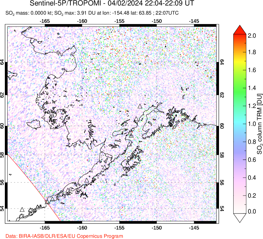 A sulfur dioxide image over Alaska, USA on Apr 02, 2024.