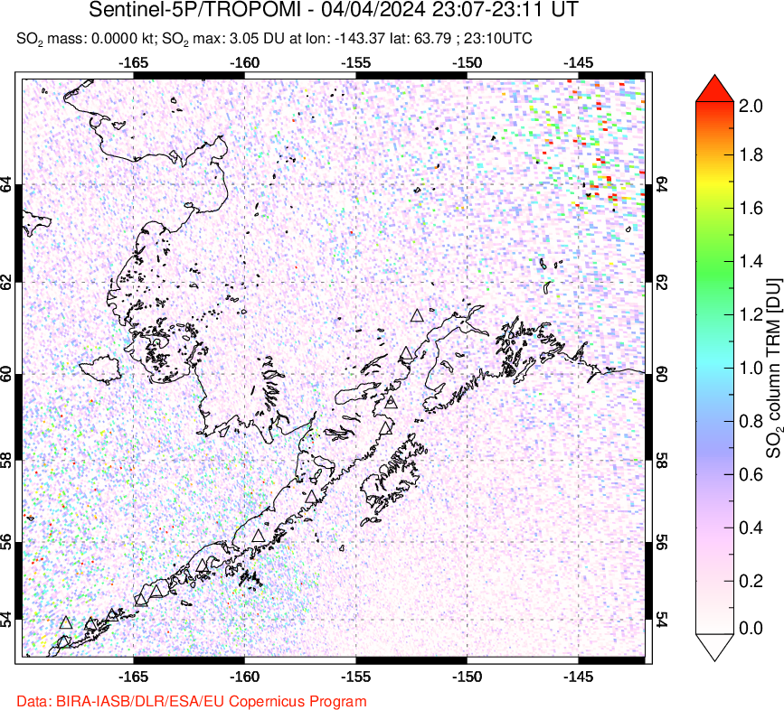 A sulfur dioxide image over Alaska, USA on Apr 04, 2024.