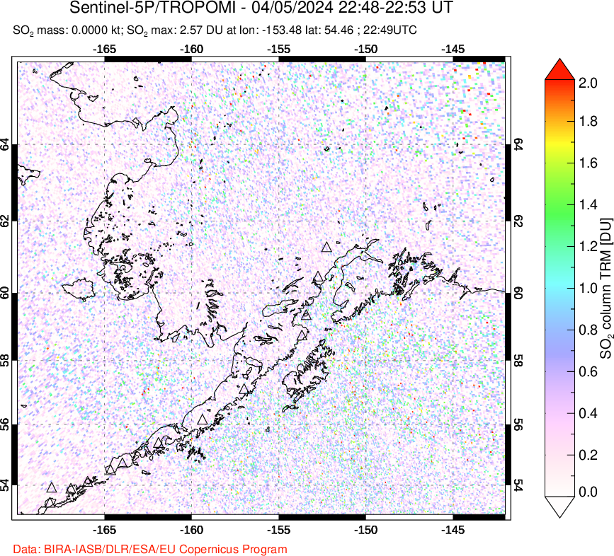 A sulfur dioxide image over Alaska, USA on Apr 05, 2024.