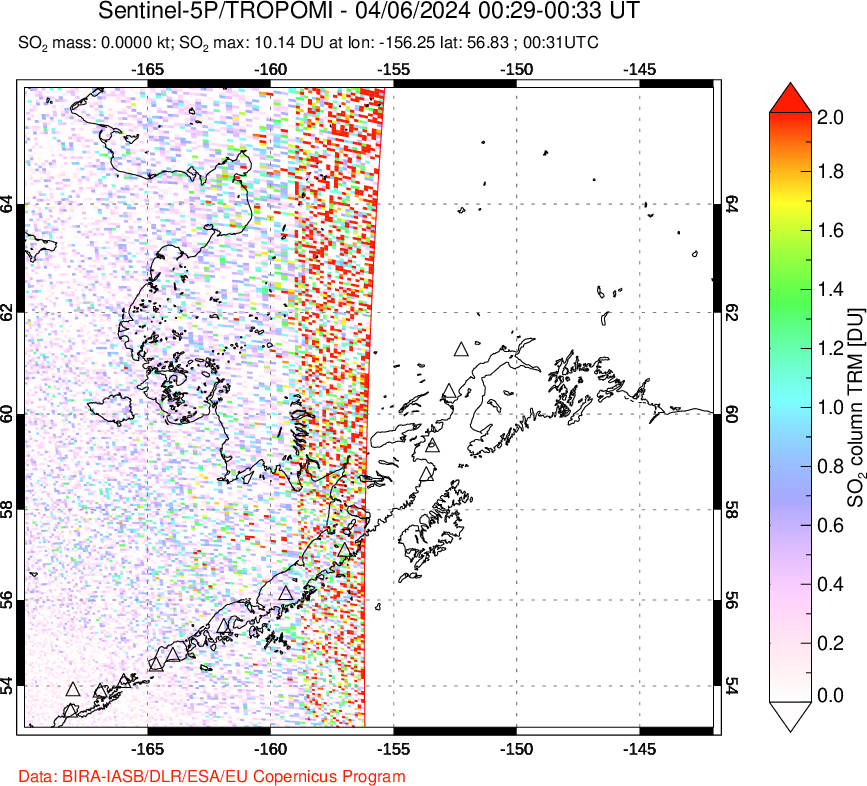 A sulfur dioxide image over Alaska, USA on Apr 06, 2024.