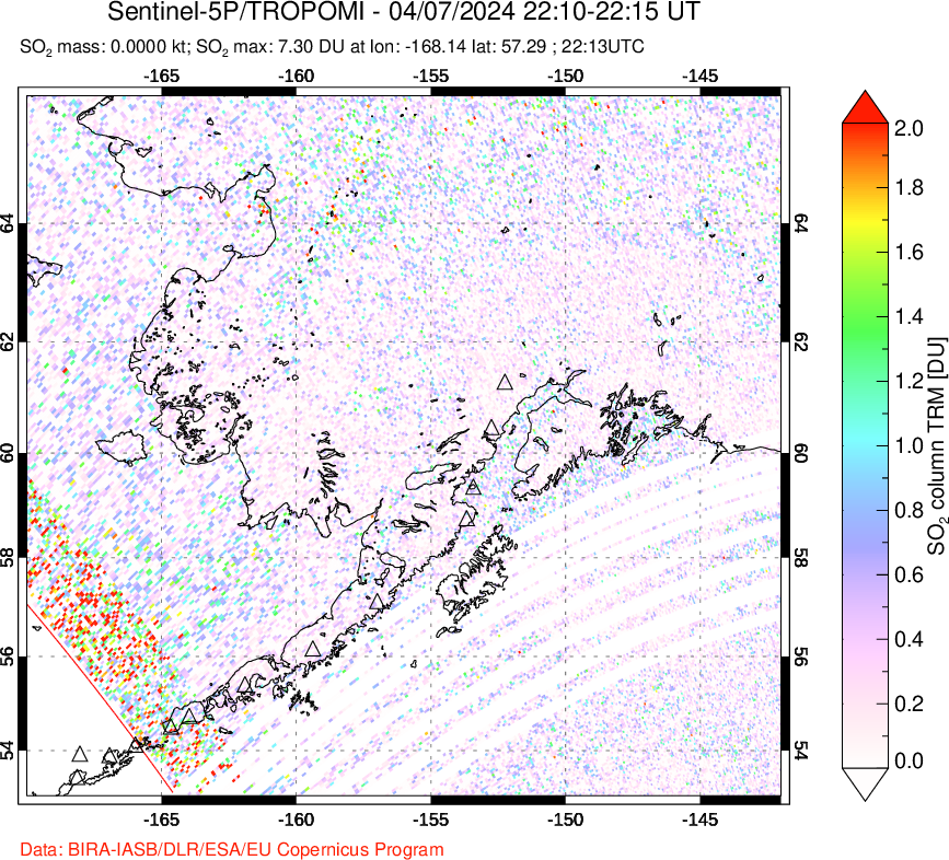 A sulfur dioxide image over Alaska, USA on Apr 07, 2024.