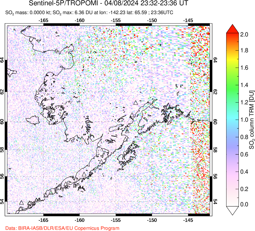 A sulfur dioxide image over Alaska, USA on Apr 08, 2024.