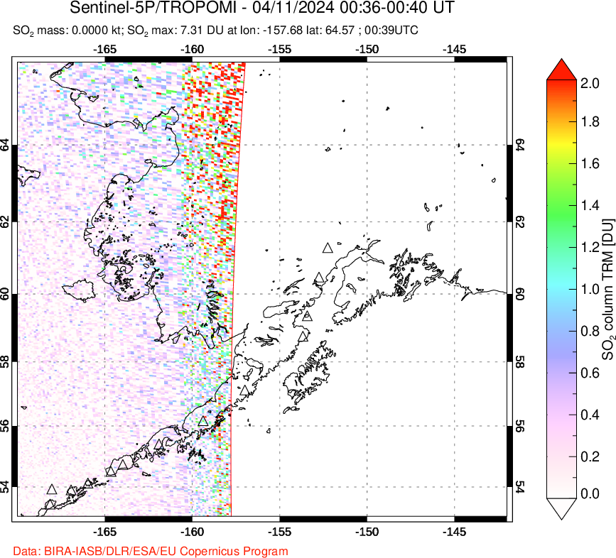 A sulfur dioxide image over Alaska, USA on Apr 11, 2024.