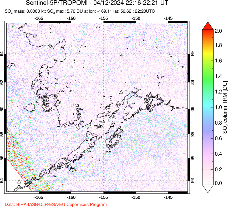 A sulfur dioxide image over Alaska, USA on Apr 12, 2024.