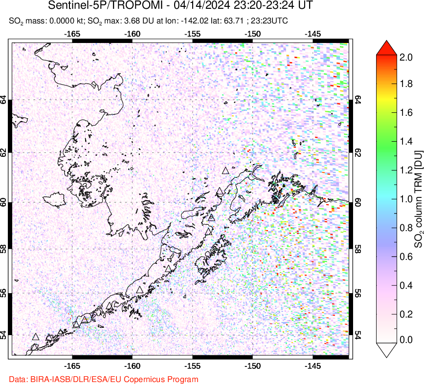 A sulfur dioxide image over Alaska, USA on Apr 14, 2024.