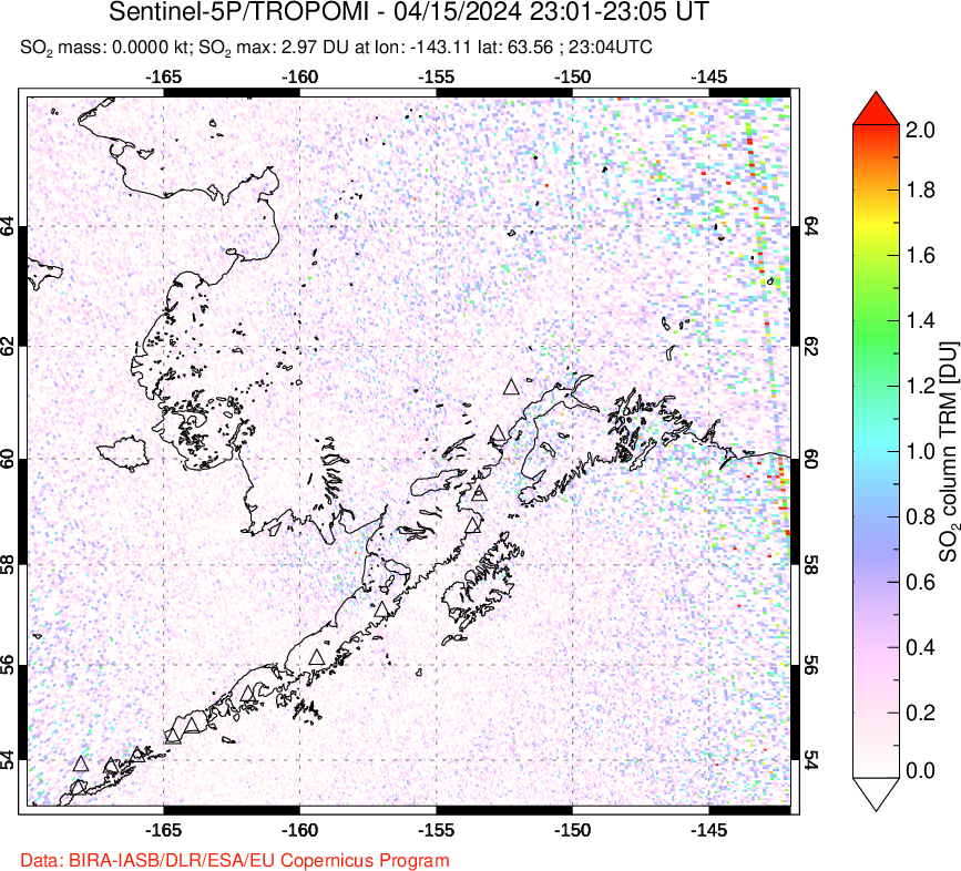 A sulfur dioxide image over Alaska, USA on Apr 15, 2024.