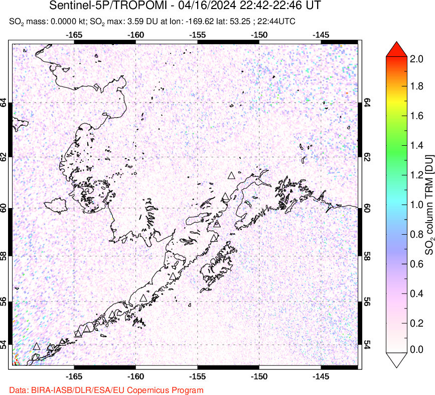 A sulfur dioxide image over Alaska, USA on Apr 16, 2024.