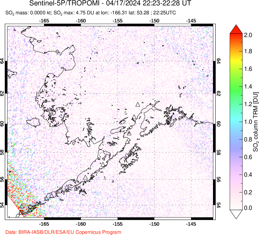 A sulfur dioxide image over Alaska, USA on Apr 17, 2024.