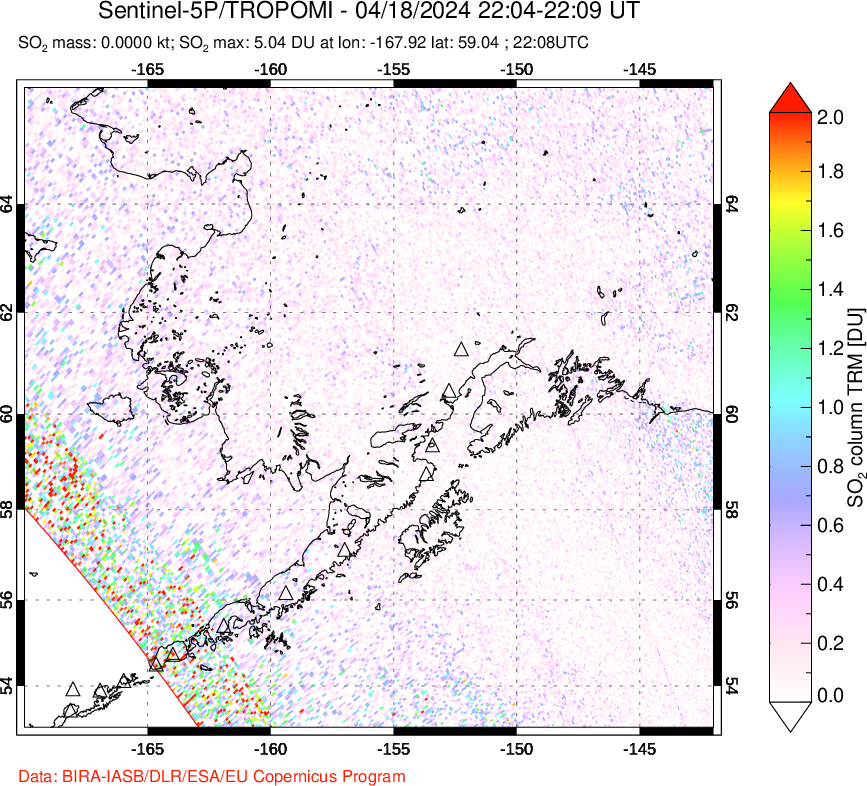 A sulfur dioxide image over Alaska, USA on Apr 18, 2024.