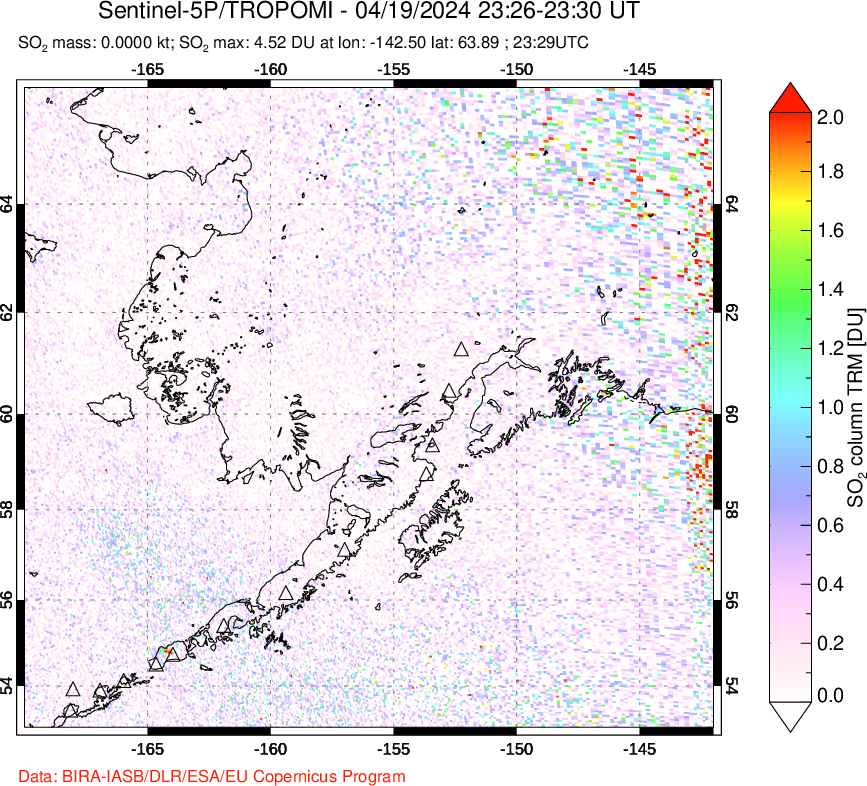 A sulfur dioxide image over Alaska, USA on Apr 19, 2024.