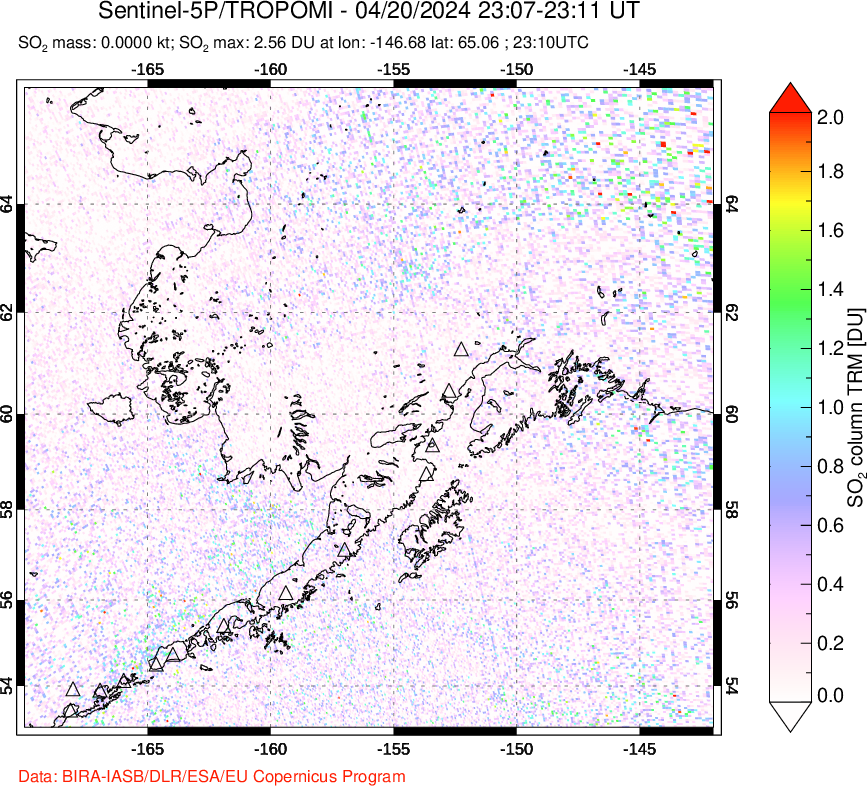 A sulfur dioxide image over Alaska, USA on Apr 20, 2024.