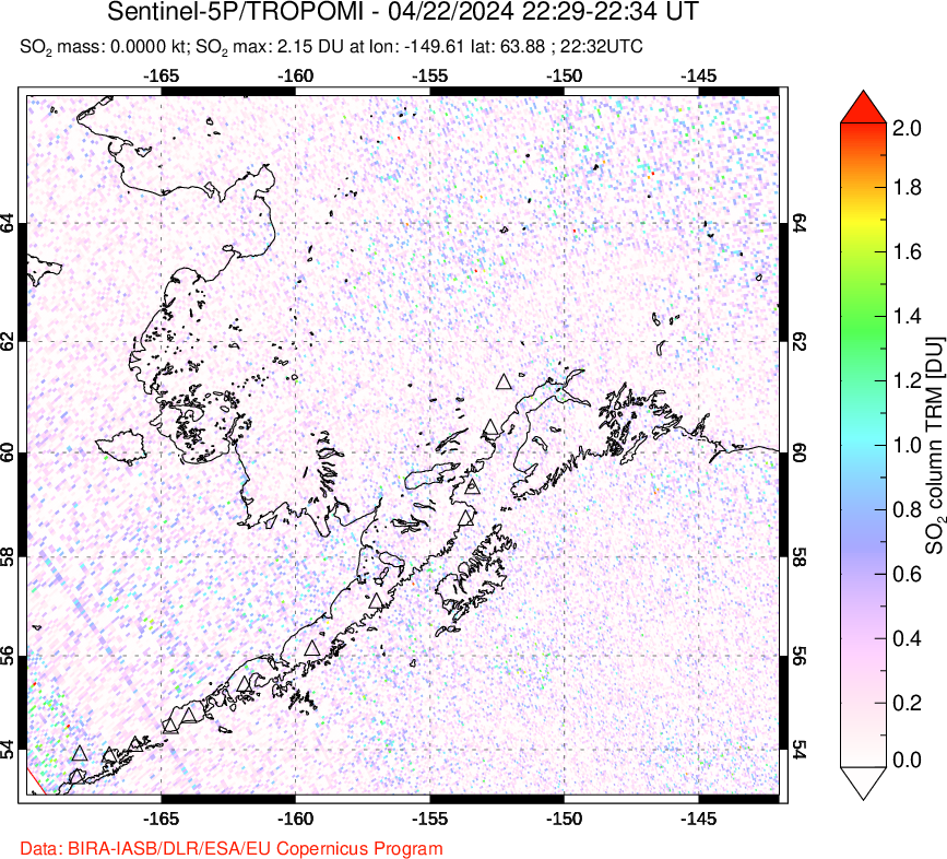 A sulfur dioxide image over Alaska, USA on Apr 22, 2024.