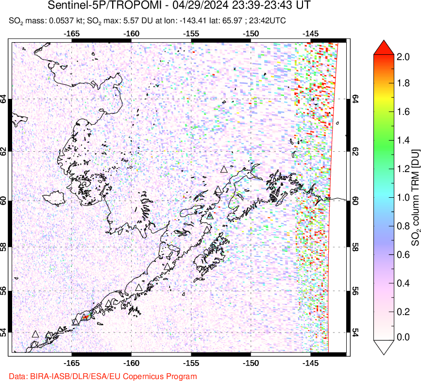 A sulfur dioxide image over Alaska, USA on Apr 29, 2024.